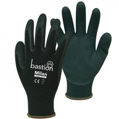 Milan, Black, Nylon Gloves, 13G, Black Sandy Foam Nitrile Palm Coating - Ctn