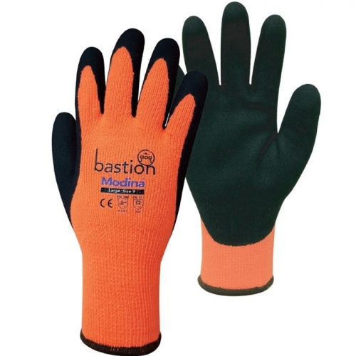 Modina, Cut 3 Orange, Acrylic Thermal Gloves,10G, Black Sandy Latex Palm Coating