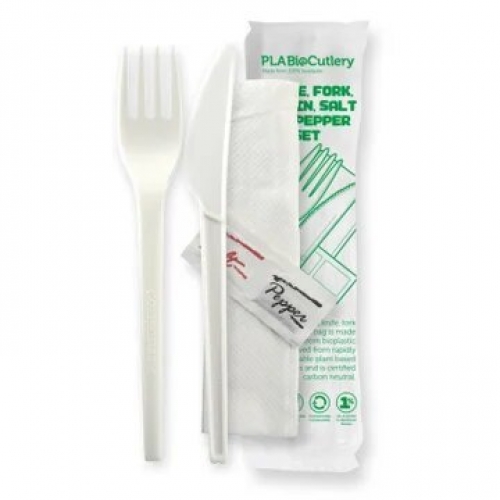 BioPak 16.5cm(6.5") knife fork napkin salt & pep-white-BioPak brand wrap-Ctn 250