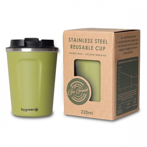 GO GREEN - REUSABLE COFFEE CUP 304SS 220ML D/WALL - OLIVE