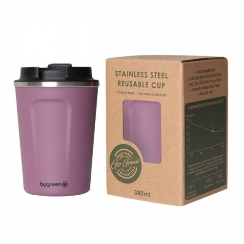 GO GREEN - REUSABLE COFFEE CUP 304SS 380ML D/WALL - BERRY