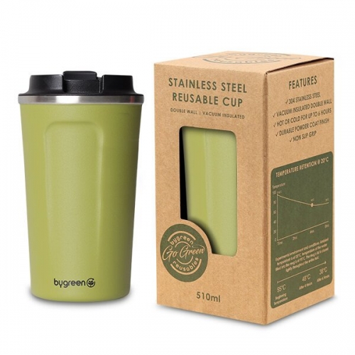 GO GREEN - REUSABLE COFFEE CUP 304SS 510ML D/WALL - OLIVE